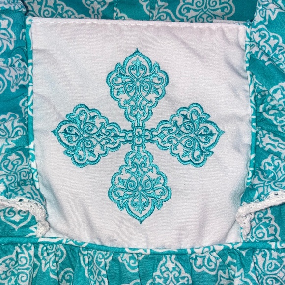Smocked Sweets 2T Bubble Romper Turquoise Blue White Embroidered Cross - Picture 8 of 11